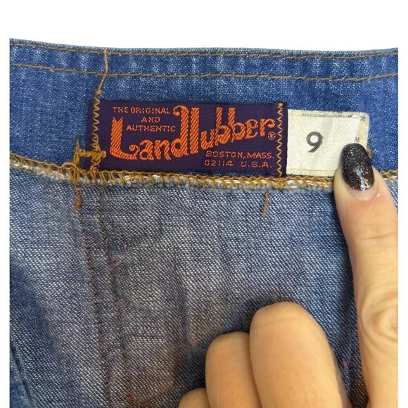 Vtg 70's Landlubber Denim Overall Pinafore Jumper Dress Rainbow Embroidery Retro - Picture 5 of 14